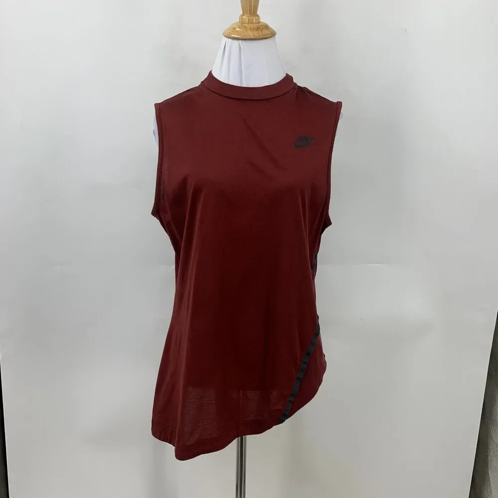 Nike Tank Top Womens L Large Brick Red Low Cut Sleeveless Slant Hem Cotrast